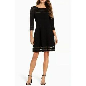 ✨ Black Structured Knit Fit & Flare Dress with Mesh Details ✨